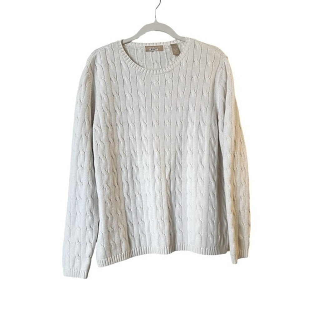 KATE HILL ivory / cream cable knit cotton blend crewneck sweater